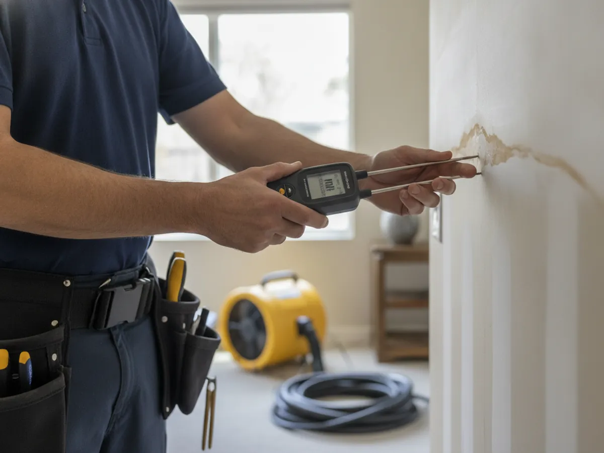 Certified restoration technician reading moisture on a water-damaged wall in a Los Angeles home